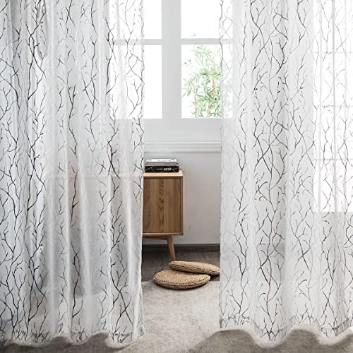Kotile White Sheer Curtains with Silver Tree Branch 52x63 Inch, 2