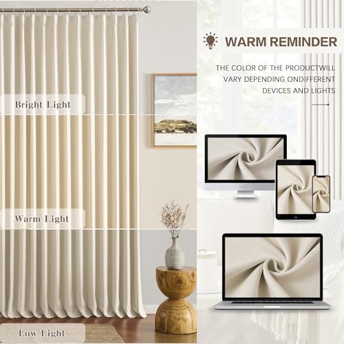 KEQIAOSUOCAI Pinch Pleated Cream Beige Curtains 120 Inches Long for