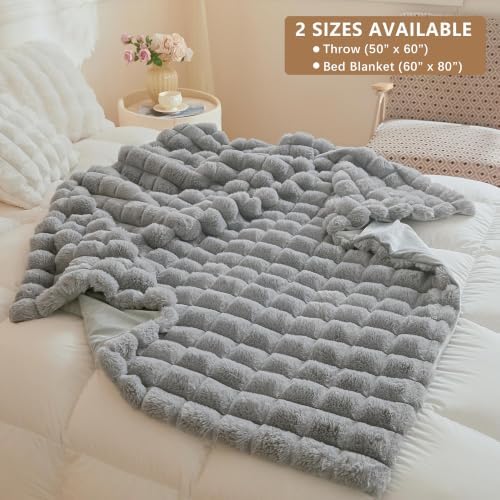 MEGO Fluffy Bubble Grid Faux Rabbit Fur Throw Blanket 60x80, Gray