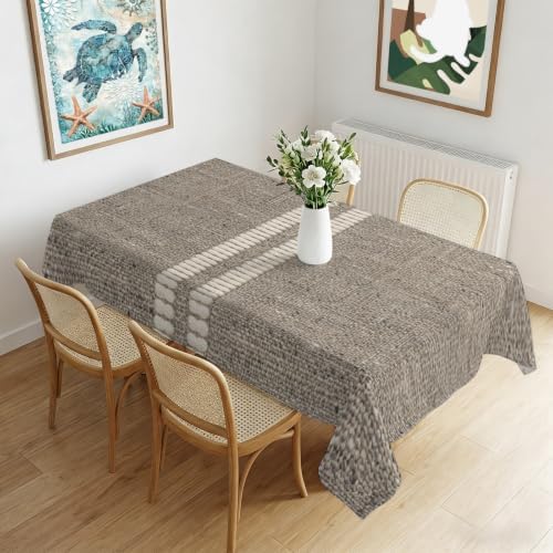 Cream Grain Line Tablecloths 52" x 70”, Soft Taupe Woven Canvas Style