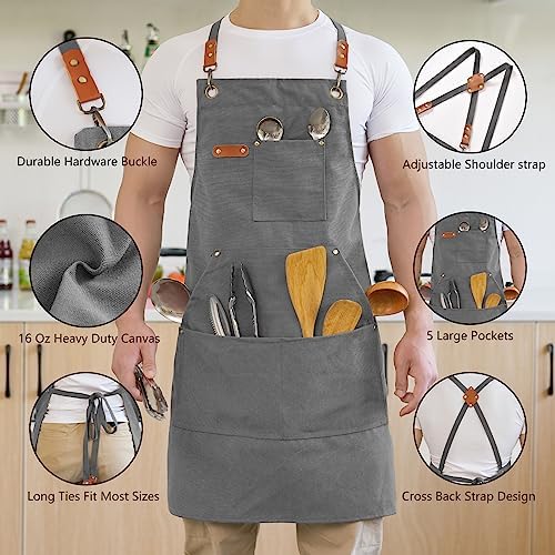 Aoomzoon Canvas Aprons for Men Women, Heavy Duty BBQ Apron with