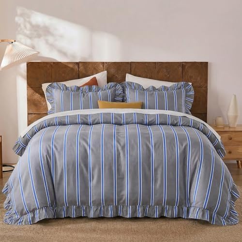 Merryword Blue and Gray Striped Duvet Cover Set King Size, 100% Cotton