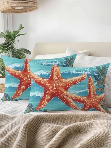 12x20 Outdoor Pillows Set of 2, Coastal Starfish Waterproof Throw