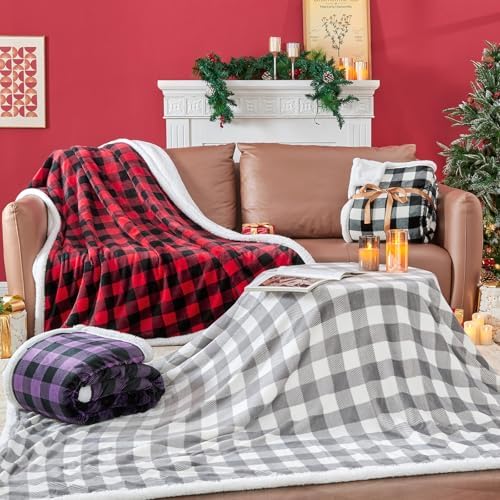 BEDELITE Grey Whtie Buffalo Plaid Sherpa Blanket, Fluffy Twin 60"x80"