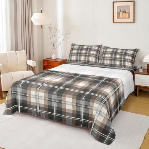 Castle Fairy Modern Plaid Sheet Set King Size,Neutral Gray Cream
