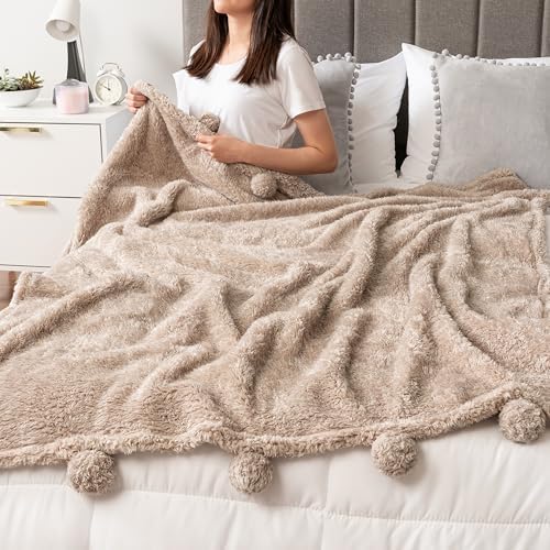 PAVILIA Soft Sherpa Twin Blanket with Pom Pom for Couch Bed, Taupe