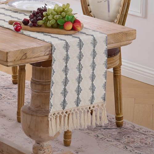 Fancy Homi Grey Boho Cotton Polyester Table Runner 90 Inches Long