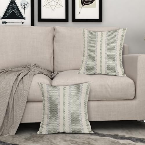 Sage Green Pillow Covers 18x18 Set of 2 Gray Grey Dot Print Striped