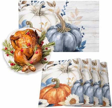 Placemats Set of 8, Fam Autumn Pumpkin Fall Leaves Washable Table Mats
