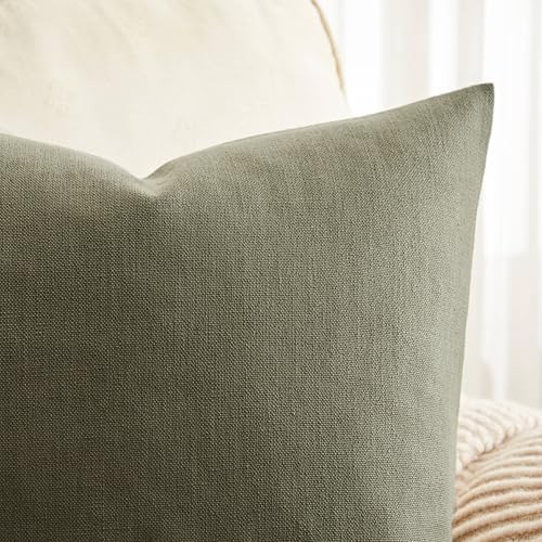 ZeeMart Rustic Linen Throw Pillow Covers Set of 2, Olive 22x22in