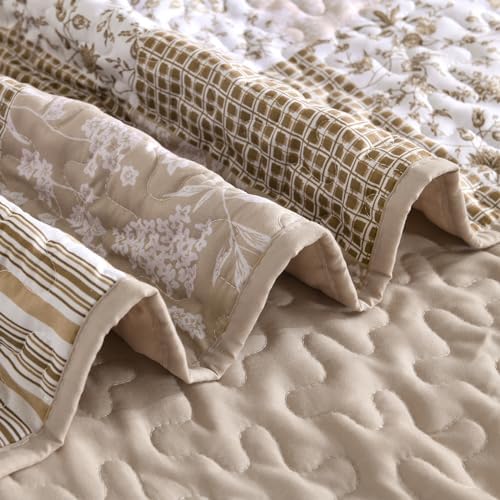 Mybedsoul Beige Boho Quilt King Size, Patchwork Floral Bedding Set