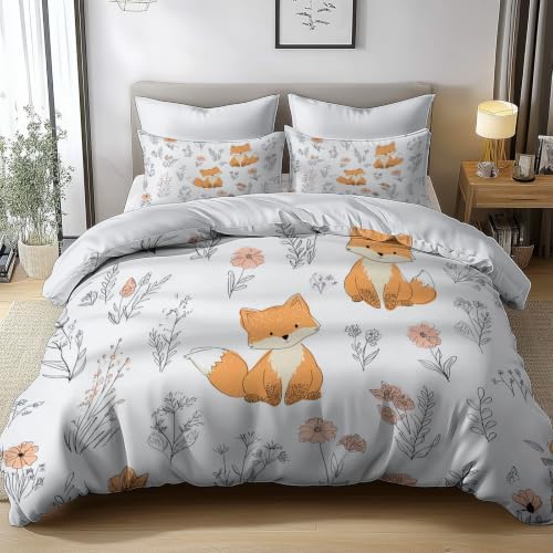 King Duvet Cover Set Soft Microfiber Animal Wildflowers White