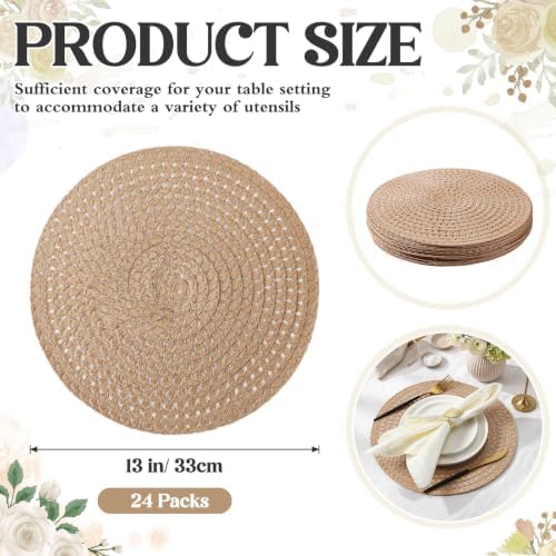 24 Pcs 13 in Round Woven Placemats Boho Charger,Khaki,Natural