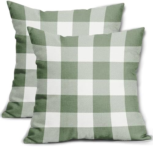 Light Sage Green and White Buffalo Plaid Pillow Covers 18x18 Set of 2