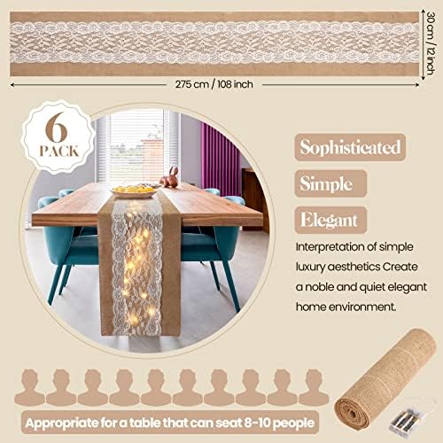 Tudomro 6 Pcs Burlap Table Runner with LED String Lights