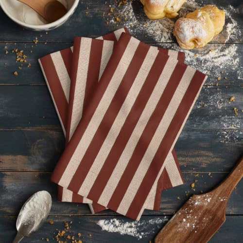 Oatmeal Tan Striped Kitchen Towels Set of 3, Water Absorbent Dish
