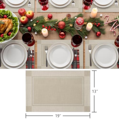 Beige Plaid Placemats Set of 4, Cotton Linen Fabric Place Mats