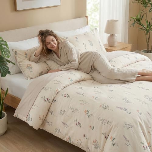 Cream Duvet Cover Set Twin Size 100% Washed Cotton Linen Like Textured