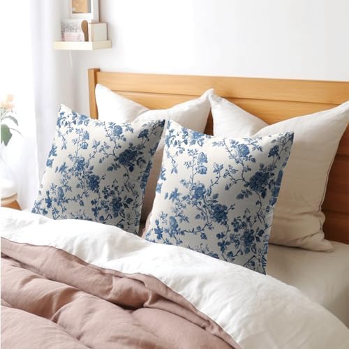 Kawani Blue Floral Pillow Covers 20x20 Inch Set of 2 Blue and Cream