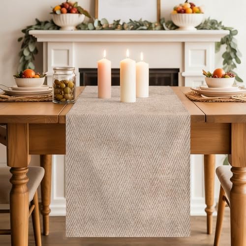 Beige Burlap Texture Table Runner 108 Inches Long, Farmhouse Nature