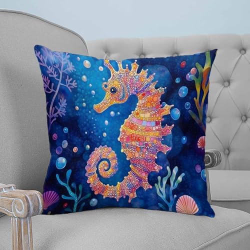 16x16 Pillow Covers Set of 2, Coastal Seahorse Square Throw Pillow