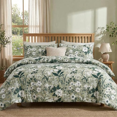 Green Floral Duvet Cover and Pillowcases Queen 100% Cotton Decorative