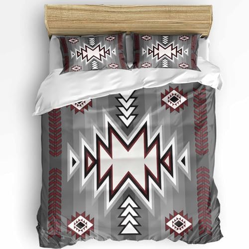 Duvet Cover Set Full, Retro Bohemian Gray Pattern 3 Piece Bedding Set