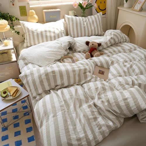 LifeTB Vintage Striped Duvet Cover Set King Size, Khaki Grey Stripes