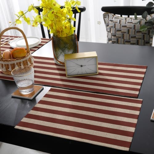 Oatmeal Tan Striped Table Mats Set of 6 with Table Runner 90 Inches