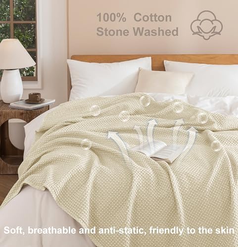 Talasily 100% Cotton Waffle Blanket King Size,Stone Washed Bed Blanket