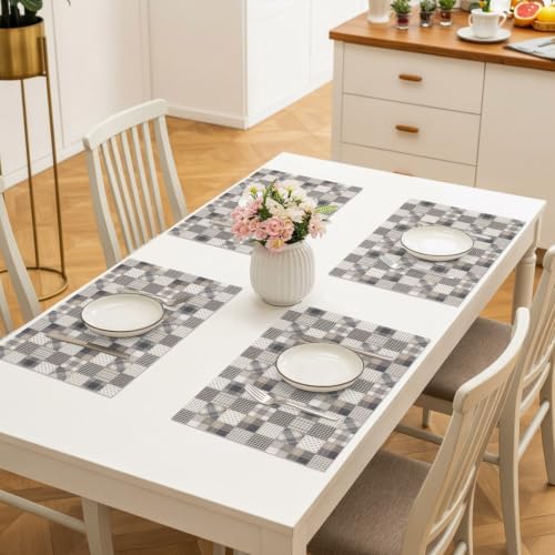 Patchwork Placemats Set of 8, Vintage Gray Minimalist Plaid Squares