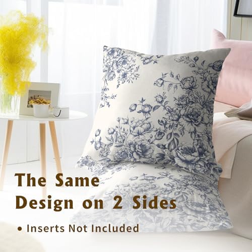 White Blue Floral Pillow Covers 22x22 Inch Set of 2, Vintage