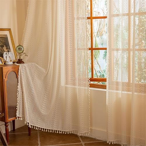Sutuo Home Beige Boho Vintage Lace Curtains 108 inches Long for Dining