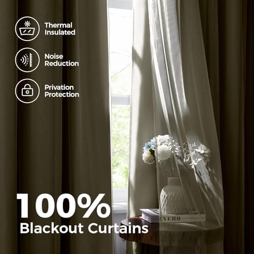 100% Blackout Curtains for Bedroom, Double Layer Beige 108" L