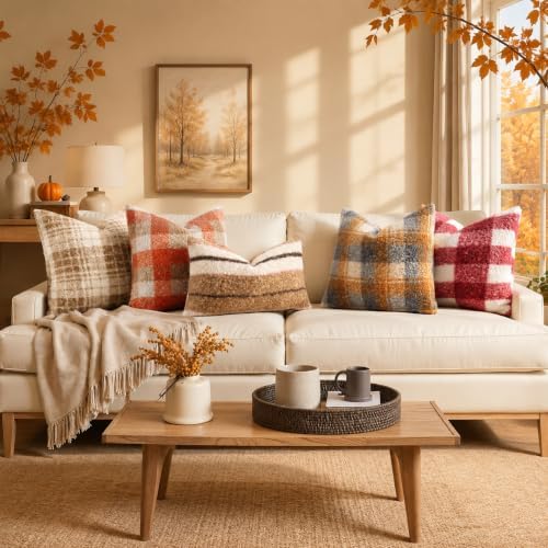 decorUhome Faux Fur Plaid Throw Pillow Covers 22X22 Set of 2 Burnt