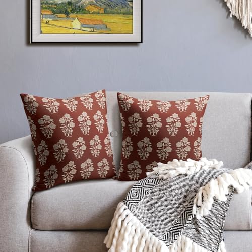 Rust Red Floral Pillow Covers 18x18 Set of 2 Block Print Cream Vintage