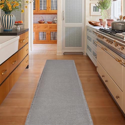 ZALL Grey Waffle Bath Mat,Super Absorbent Non Slip Long Bathroom
