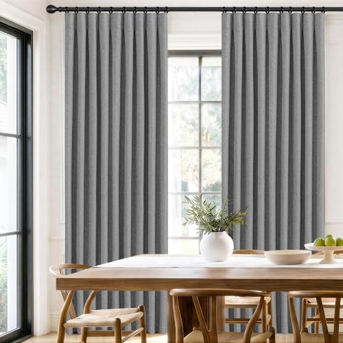 MUMFAS Grey 100% Blackout Pinch Pleated Linen Curtains 84 Inches Long