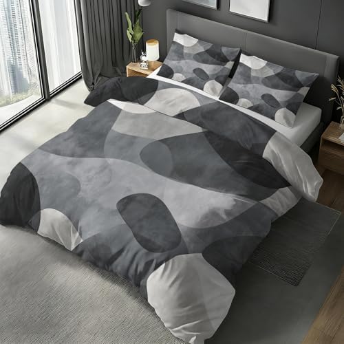 Grey Geometric Duvet Cover Queen, Modern Abstract Bedding Set 3 Piece