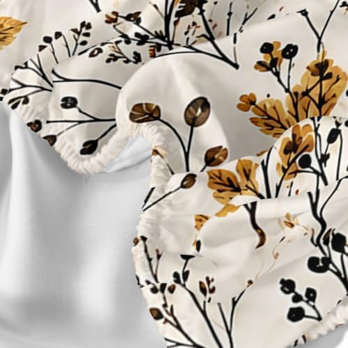 AILONEN Full Fitted Sheet Set, Mustard Black Wildflower Foliage Print