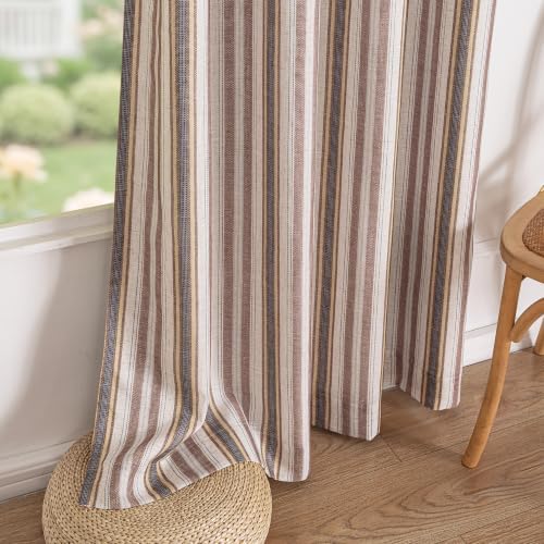MYSKY HOME 100% Blackout Striped Linen Curtains 96 Inch Long 2 Panels