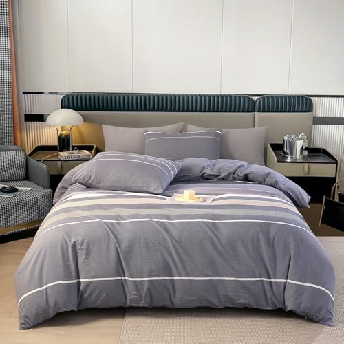 vctops 100% Washed Cotton Duvet Cover King Size 3 Pieces Grey Striped