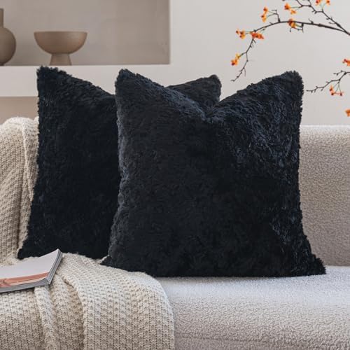 Neelvin Black Faux Fur Cozy Soft Solid Fuzzy Decorative Throw Pillow