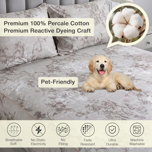 Gray-Beige Boho Floral Percale Sheets Queen Size Deep Pocket, 4Pcs