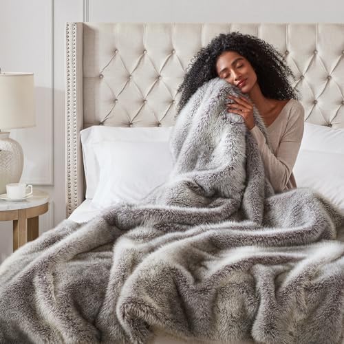 Hyde Lane Soft Faux Fur Throw Blanket, Luxury Fluffy Grey Blankets for