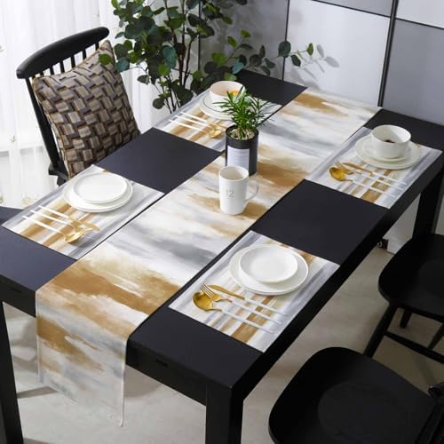 Brown Gray White Table Mats Set of 4 With Table Runner 90 Inches