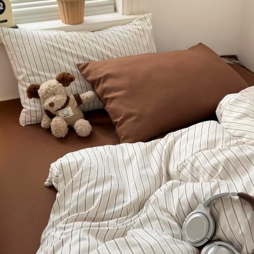 MKXI Twin XL Size Beige Brown Striped Duvet Cover Set - 3 Piece