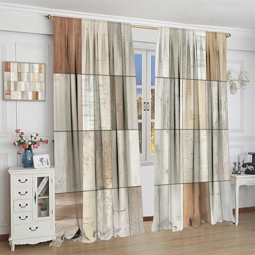 Rustic Wood Blackout Window Curtain Panels, Brown Plank Rod Pocket