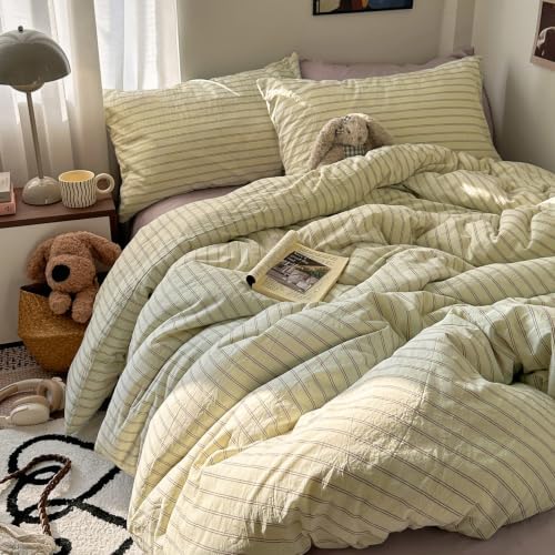 Vintage Striped Duvet Cover Queen Size 3Pcs Washed Cotton Retro