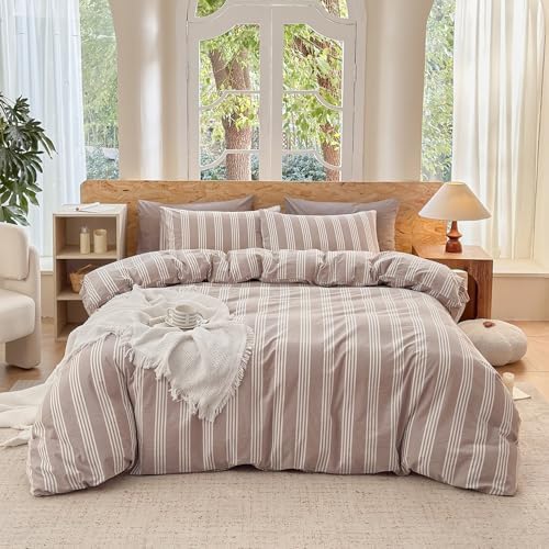 Striped Duvet Cover Set 100% Washed Cotton Linen Like Super Soft Chic